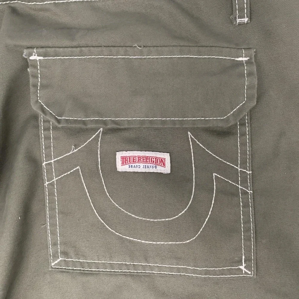 True Religion Cargo Pants Sz 38x32 Green Utility Streetwear White Stitching - Picture 10 of 11